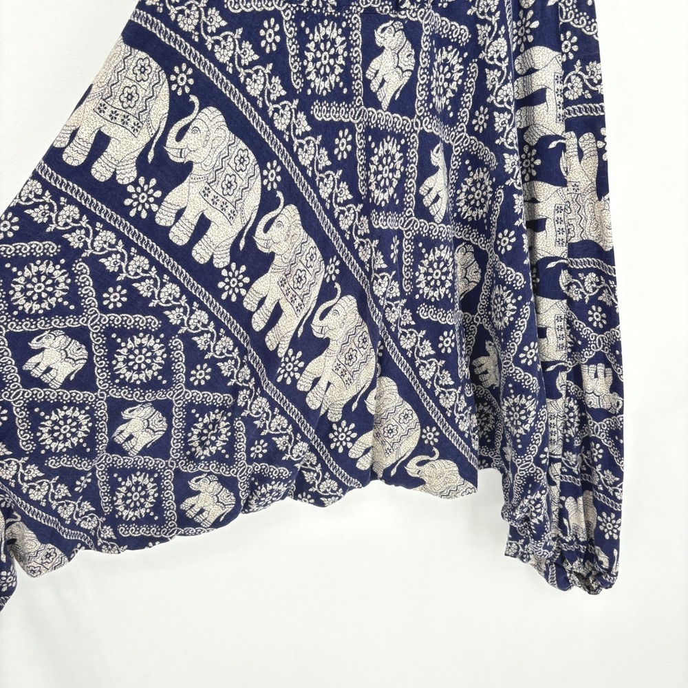 Elephant Print Harem Pants Blue Smocked Waist Boho XL - Picture 5 of 8